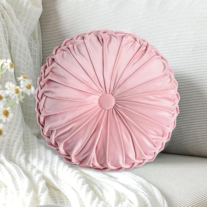 HIG Set of 2 Pink Ruched Velvet Round Throw Pillows – 14.5’’ Decorative Pillows with Soft Polyester Filling for Couch, Bed, Living Room, Bedroom, or Dorm – Handmade, Stress Relieving, All-Season