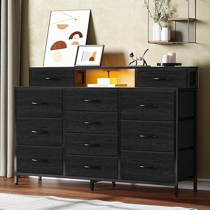 Furnulem 55" W Dresser for Bedroom with LED Lights and Power Outlets,Black Large 12 Storage Drawers Long Fabric Chests Dressers with 2 Shelves for Closet,Living Room,Entryway,Wooden Top,Metal Frame