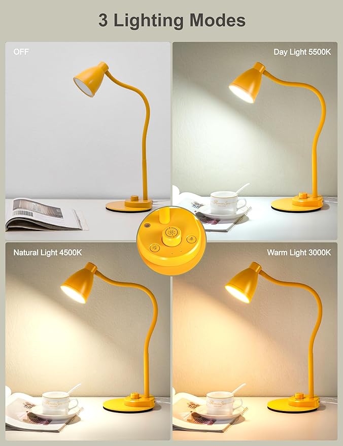 BOHON LED Desk Lamp with USB Charging Port, 3 Color Modes Fully Dimmable Reading Lamp, Auto Dimming Task Lamp, Flexible Gooseneck Table Light for Home Office Dorm Bedside, Bright Yellow