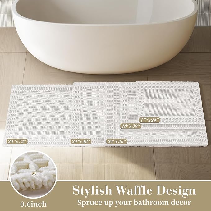 RESARE Waffle Bathroom Runner Rugs, Super Absorbent Bath Mat Non Slip Washable Quick Dry, Ultra Soft Quick Dry Boho Bath Rugs with Tassels for Hallway Bedroom Laundry Room, 2'x4'(24"x48"), White