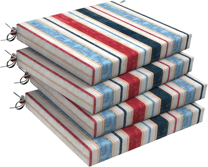 Set of 4 Outdoor Square Chair Cushions 18.5"x16"x2" for Patio, Water Resistant Patio Dining Seat Pads Replacement for Kitchen Garden and Outdoor Furniture Decoration - Stripe Red Blue
