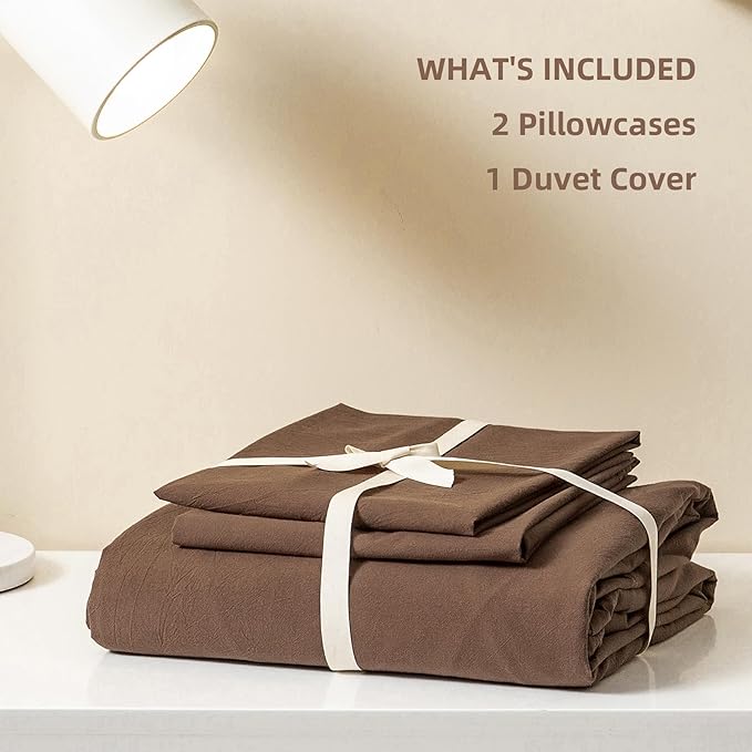 JIYUAN 100% Washed Cotton Duvet Cover Set 3 Pieces Super King, 1 Duvet Cover 108x98 Inches(Comforter Not Included) and 2 Pillowcases,Linen Feel Bedding Set Comfy and Breathable,Chocolate Brown
