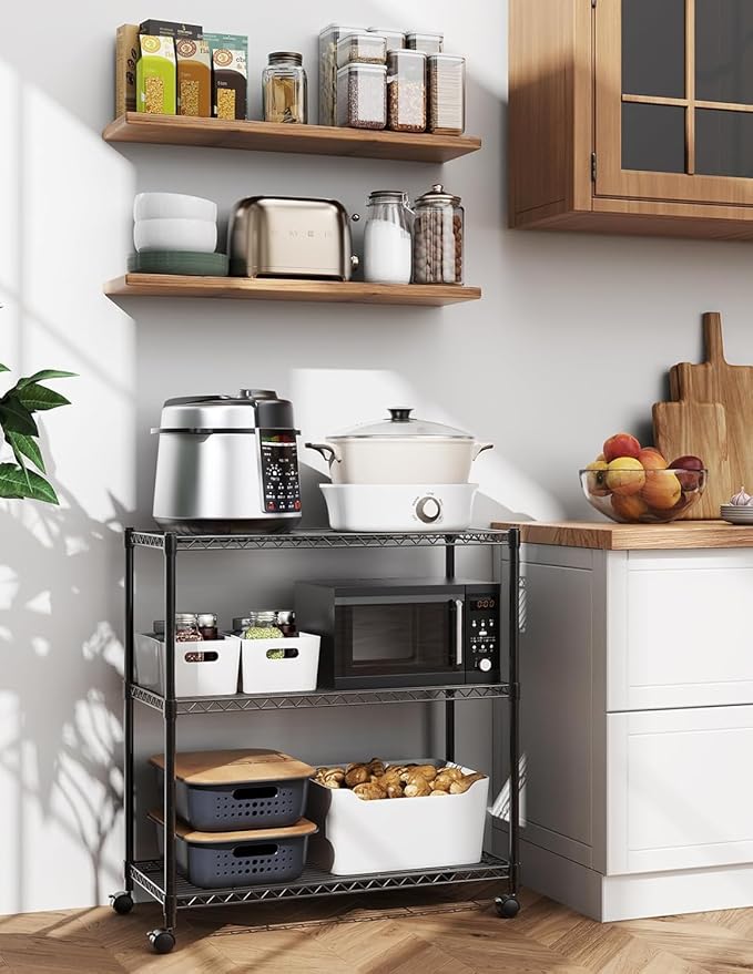 HealSmart 3-Tier Heavy Duty Storage Shelves 750Lb Capacity, 24.02" D x 13.78" W x 31.98" H Shelving Unit for Pantry, Garage, Laundry and Kitchen, Black