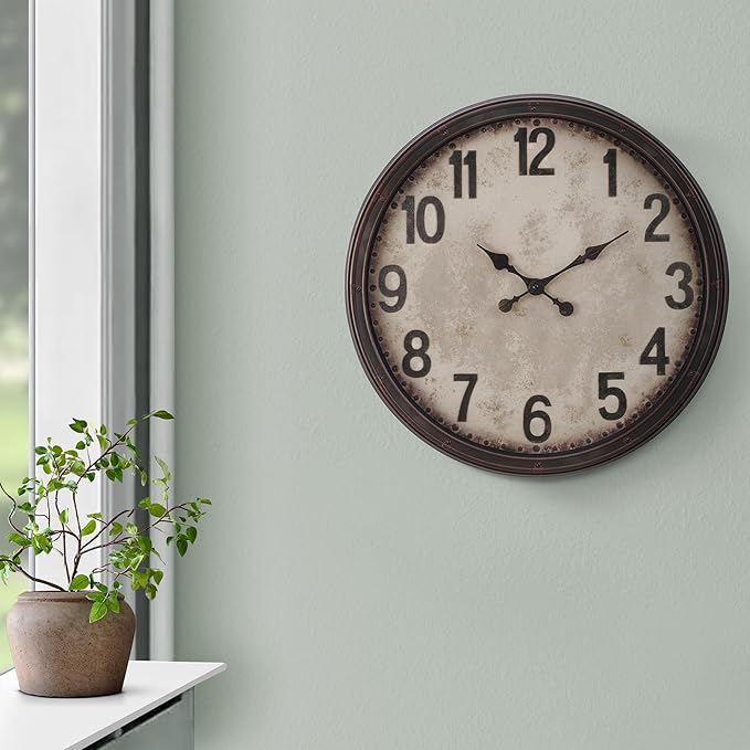 20 Inch Retro Farmhouse Wall Clock, Vintage Silent Non-Ticking, Battery Operated Decorative Clock for Living Room, Kitchen, Bedroom, Office and Home Decor, Dark Brown Arabic Number