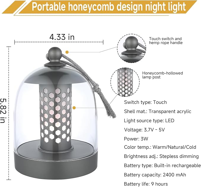 Touch Night Light with Dimmable & Adjustable Color Temperature, USB Rechargeable Portable Bedside Lamp for Bedroom Living Room Baby Nursery – 9 Hour Long Battery Life (Grey)
