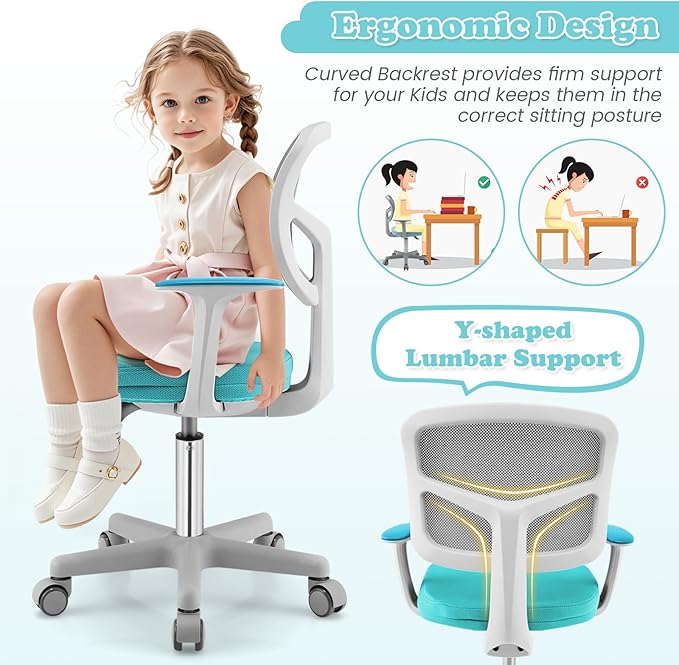 Giantex Kids Desk Chair, Children Computer Chair with Wheels and Y-Shaped Lumbar Support, Mesh Kids Office Chairs, Height Adjustable Desk Chair for Girls Boys Aged 4-13, Turquoise