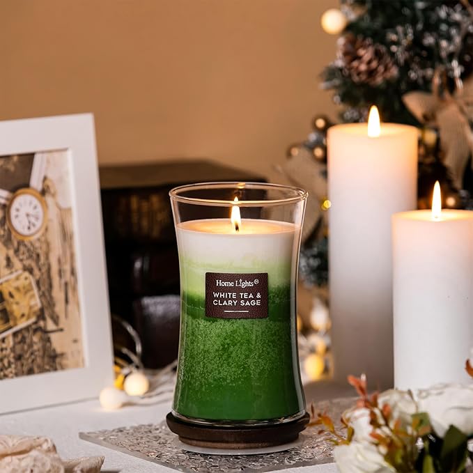 HomeLights 3-Layer Candles for Home Scented, 21.52 OZ Natural Soy Wax Scented Candles Burns Up to 100 Hours, Large Jar, White Tea & Clary Sage
