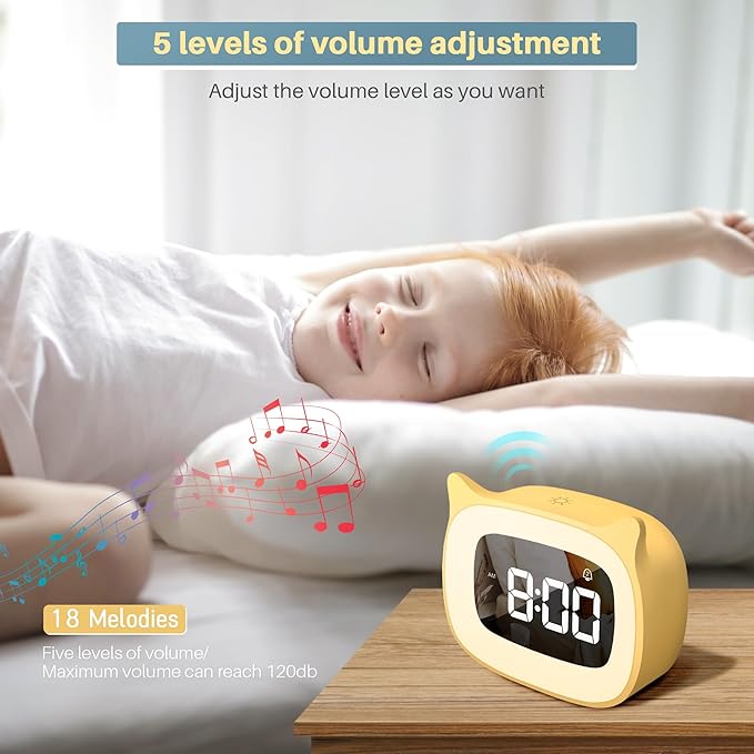 Kids Alarm Clock with Night Light & 18 Ringtones,Rechargeable,Cute Cat Ear Clock for Boys Girls Birthday Presents,Digital Clock for Children's Bedroom(Yellow)