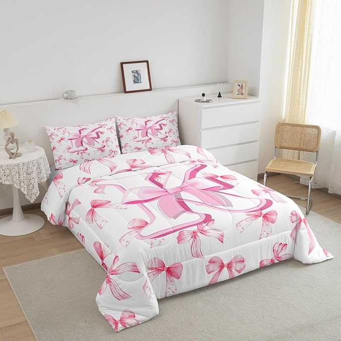 jejeloiu Kids Girls Cute Pink Bow Comforter Set Queen Size Monogrammed Bedding Set Ultra Soft Personalized Initial K Duvet Quilt Coquette Bow Knot Quilt Set Room Decor Modern Fashion Comforter