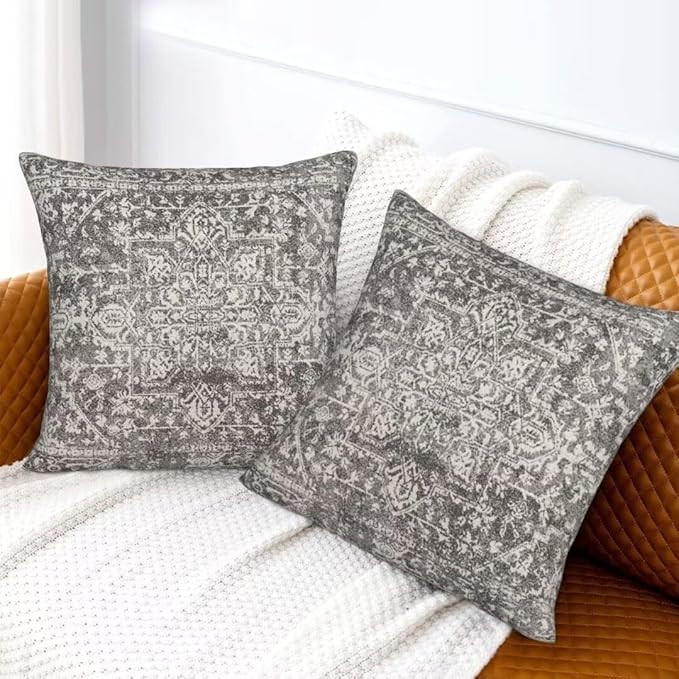 Black Grey Boho Pillow Covers 18x18 Set of 2, Bohemian Carpet Pattern Decorative Throw Pillows Ethnic Rustic Farmhouse Cushion Cases Linen Gifts for Couch Sofa Outdoor Decor