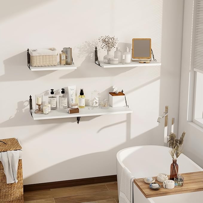 Deep Floating Shelves, 24" W x 12" D Wall Shelves Set of 2, Wide Display Shelf Wall Mounted with Brackets, Bookshelf for Living Room, Bathroom, Bedroom, White