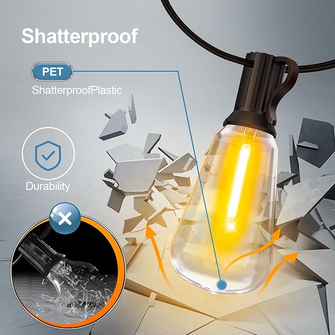 Outdoor String Led Patio Lights - 100Ft 30M Outside Waterproof Light ST38 Shatterproof Bulb Connectable Hanging Outdoor Electric Lighting for Backyard Yard Gazebo Porch Party
