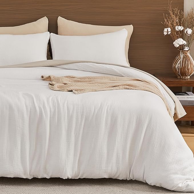 EMME Muslin Cotton Duvet Cover Set Cream White Queen Size Linen Like Soft Breathable Lightweight Summer Comforter Cover Set with Zipper Closure (Cream White, Queen, 90"x90")