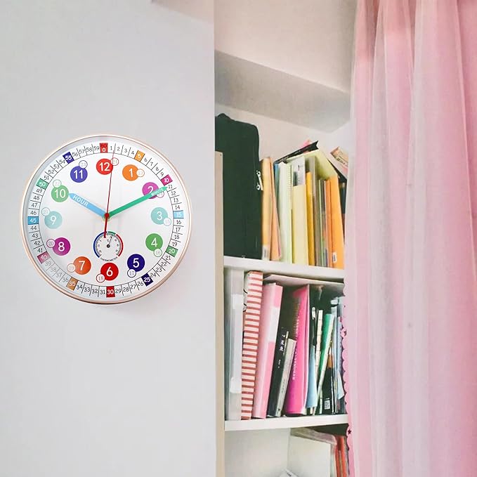Learning Time Clock for Kids ，10Inch Colorful Clock Face Silent Clocks，Bedroom,Kitchen,Classroom,Clear Digital，Décor at School, Wall Clock for Kids Room (Rose Gold)