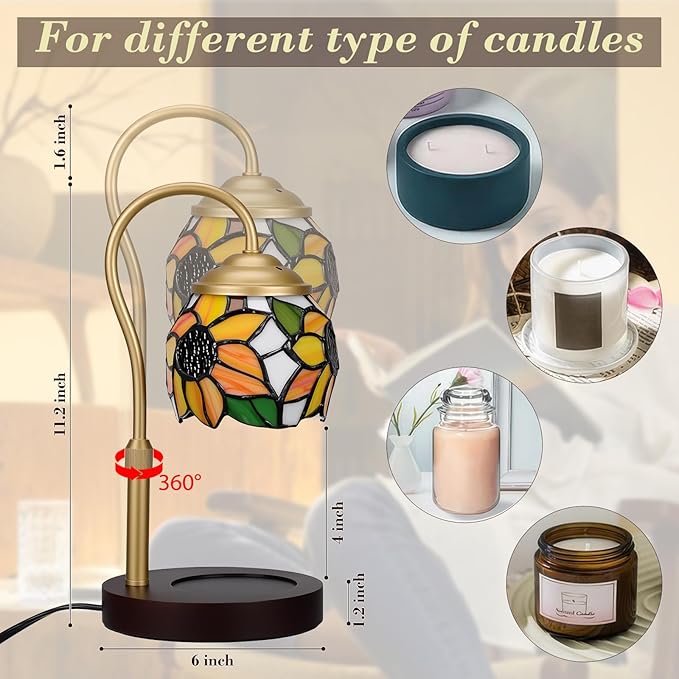 Candle Warmer Lamp with Timer Dimmer, Adjustable Height Candle Warmer for Jar Candles, Birthday Gifts for Women New Home Bedroom Decor Tiffany Sunflower Style Stained Glass with 2 Bulbs