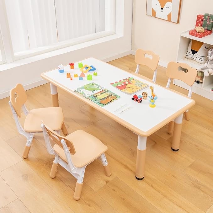 HONEY JOY Kids Table and Chair Set, Height Adjustable Children Activity Table and 4 Chairs Set w/Erasable Graffiti Desktop, Toddler Table and Chair Set for Daycare, Classroom, Home (Natural)