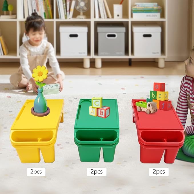 Set of 6 Kids Lap Desk Tray, Portable Activity Table, Plastic, Stackable for Drawing, Writing, Eating, Classroom, 19.69" L x 9.84" W x 7.09" H (Red, Green, Yellow)
