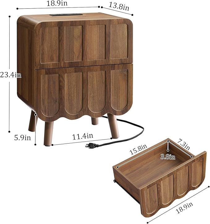 LYNCOHOME Nightstand with Charging Station, 18.9 inch Wide End Table with 2 Drawers, Modern Wood Bedside Table Mid Century Modern Night Stand for Bedroom (Rustic Brown)