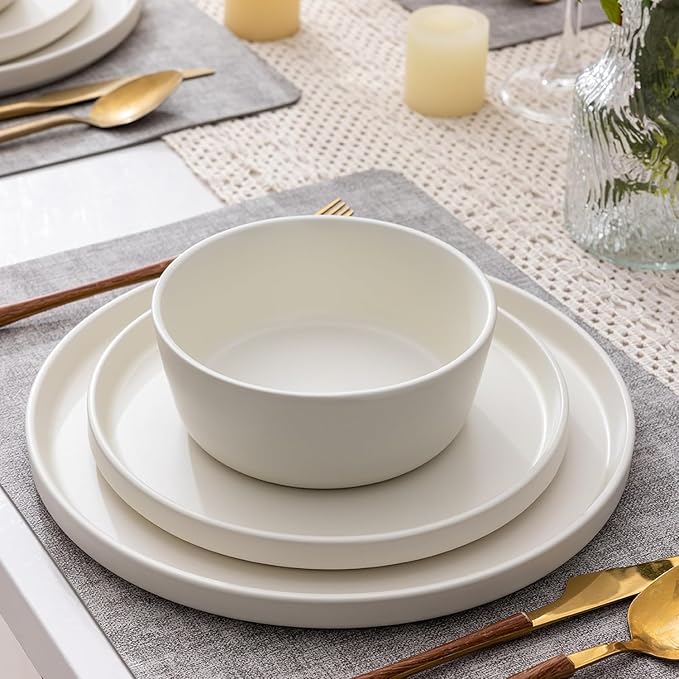 AmorArc Ceramic Dinnerware Sets of 6, Modern Flat Stoneware Plates and Bowls Sets,Chip and Crack Resistant | Dishwasher & Microwave Safe Dishes Set,Scratch Resistant- Service for 6 (18pc)-Matte Cream
