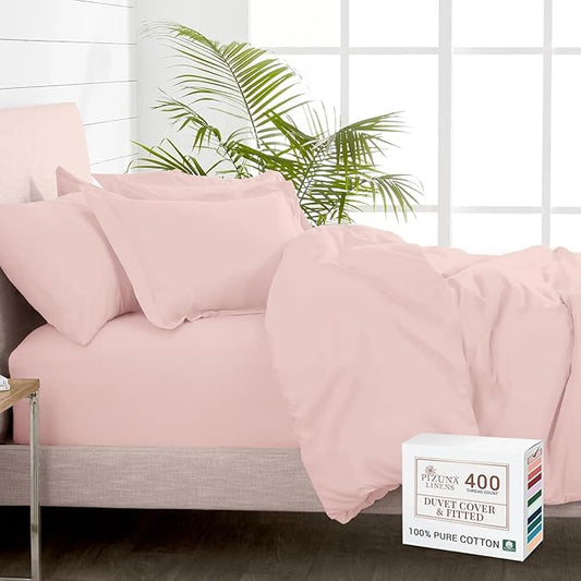 Pizuna 100% Cotton King 3 Pc Duvet Cover + 1 Pc Fitted Sheet Set 400 Thread Count Light Pink Sateen Weave Luxurious Long Staple Cotton 4 Piece Bedding Set-1 Duvet Cover, 2 Pillow Shams, 1 Fitted Sheet