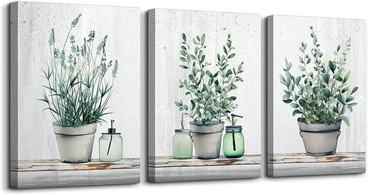 MHARTK66 Family Canvas Wall Decor for Bedroom, Dining Room, Living Room & Office - Green Leaf Vase Artwork - 12x16in
