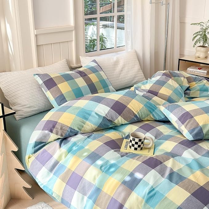 FACE TWO FACE Bedding Duvet Cover Set100% Washed Cotton Duvet Cover Linen Like Textured Breathable Durable Soft Comfy (California King, Yunxi Blue)