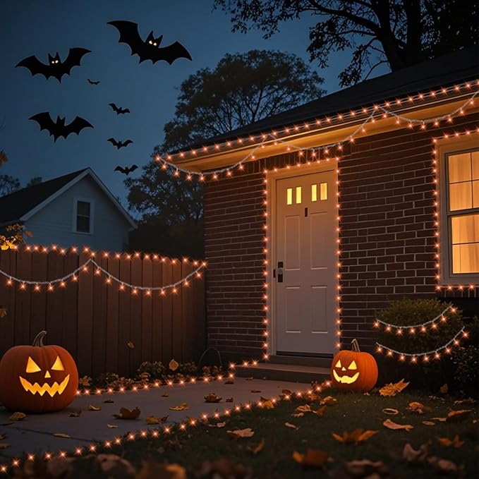 QITONG 165ft 500 LED Orange Lights for Halloween, Clear Wire String Lights Outdoor, Plug in Christmas Lights Indoor with 8 Modes