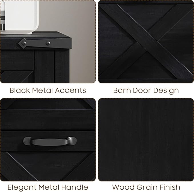 Vertical File Cabinet with 2 Drawers, Wooden Farmhouse Filing Cabinet for Letter/A4 Size Hanging Files, Under Desk Printer Stand with Storage for Home Office, Black