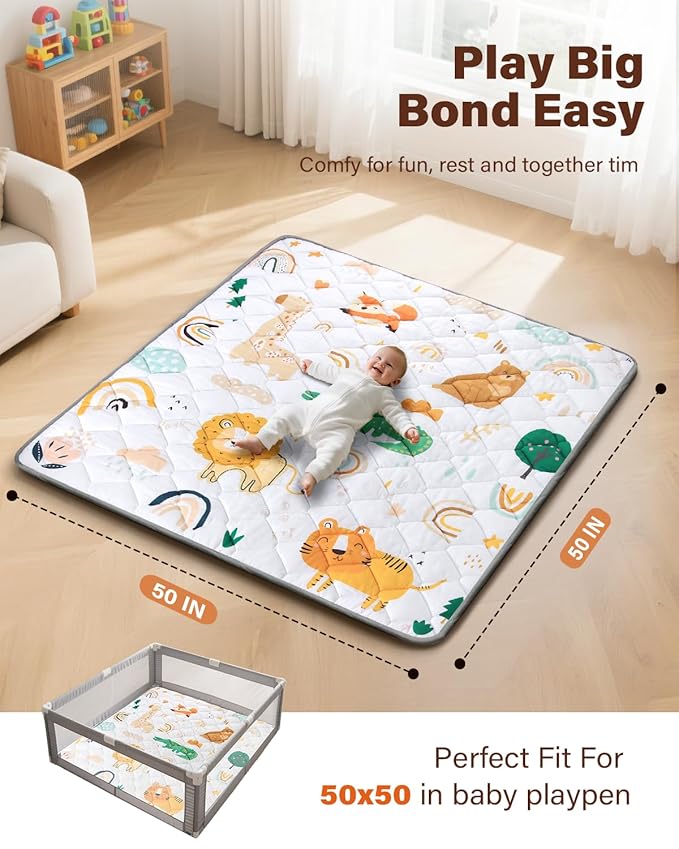 Baby Play Mat, 50x50 Playpen Mat, Thicken Cushioning Padding Foam Playmate for Baby and Toddlers Infants, Non-Slip & Machine Washable Tummy Time Mat