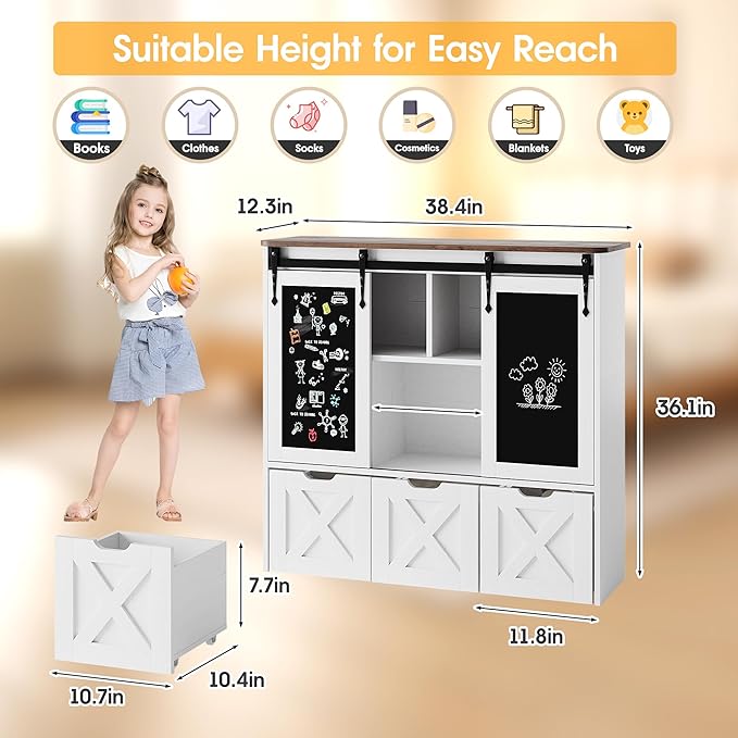 Vabches Toy Storage Organizer with Sliding Blackboard, Kids Bookshelf and Bookcase with 3 Movable Drawers & 5 Storage Cubbies, Multifunctional Storage Cabinet Toy Chest for Playroom,Nursery, Kids Room