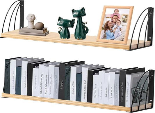 Long 36 inch Wall Bookshelf-Curved Fan-Shaped Design with Built-in Anti-Slip Book Stops|0.71" Thicker Heavy Duty Natural Wood Floating Shelves|Floating Book Shelves for Wall,Home Office Décor Set of 2