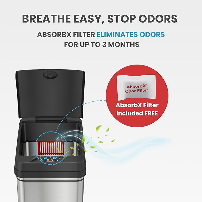 iTouchless 13 Gallon Kitchen Trash Can with Lid & Odor Filter – Motion Sensor Stainless Steel Garbage Bin for Home, Office, or Garage – Slim, Large Capacity Design