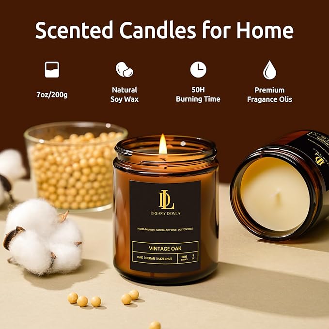 Vintage Oak Scented Candles, Soy Candle for Home Scented, Candles Gift for Men Women, 7oz with 50 Hour Burn Time