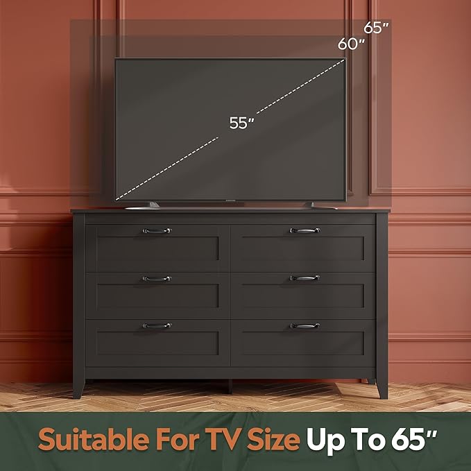 WLIVE Black Dresser for Bedroom, 6 Drawer Wood Dresser with Metal Handle, Large Double Wooden Chest of Drawers for Living Room, Hallway, Closet
