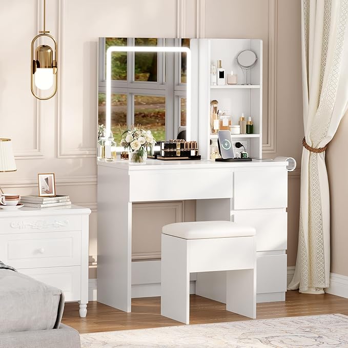 Vanity Desk with Mirror and LED Light, Vanity Desk with 4 Drawers, Power Outlet, Storage Stool, Storage Shelves & Hair Dryer Holder, Adjustable 3 Lighting Mode, Makeup Vanity Set for Bedroom, White