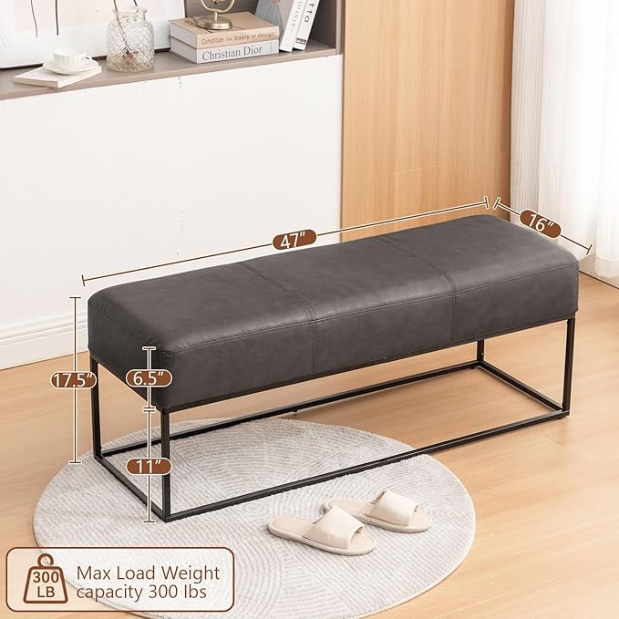 Entryway Bench for Bedroom End of Bed, Modern Ottoman with Faux Leather Upholstered Seating, Metal Frame Leather Bench for Bedroom Living Room Entryway [47'', Vintage Black]