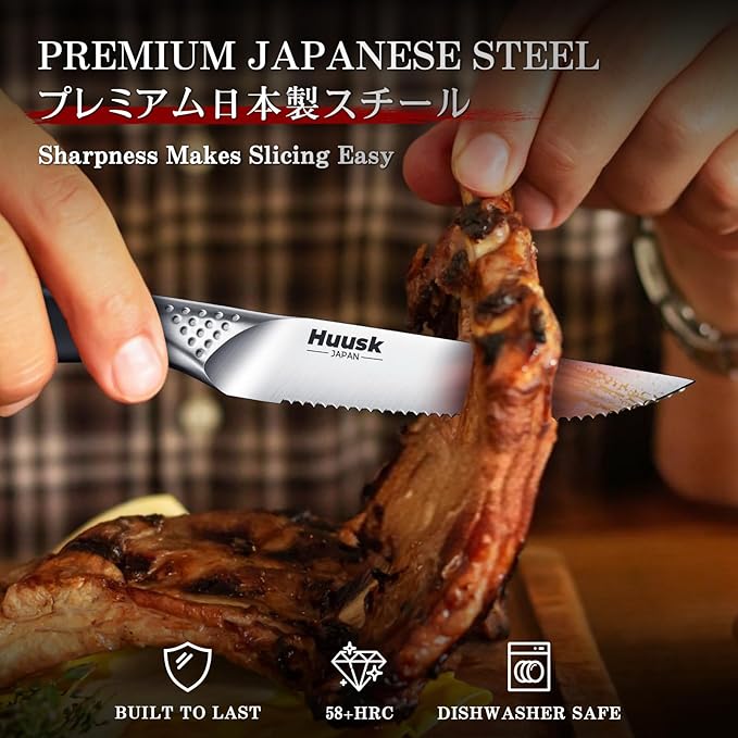Huusk Serrated Steak Knives Set, 4.5" Japanese Stainless Steel Steak Knives Set of 4, Sharp Dishwasher Safe Dinner Knife for Kitchen Table with Gift Box