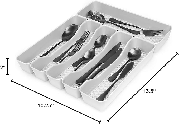 Spectrum HEXA 5-Divider Expandable Silverware Tray (Stone Gray) - In-Drawer Organizer for Kitchen Accessories, Cutlery, Knives, & More / Easy-to-Clean Home & Apartment Essential