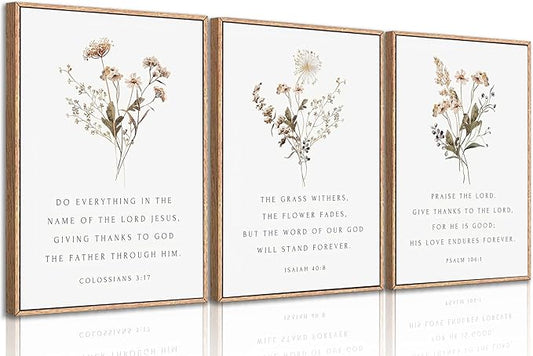 Framed Wildflower Bible Floral Canvas Wall Art Christian Verses Floral Paintings Pictures Decor Botanical Scripture Room Posters Prints for Bedroom Living Room Office Christian Scene Home Decorate