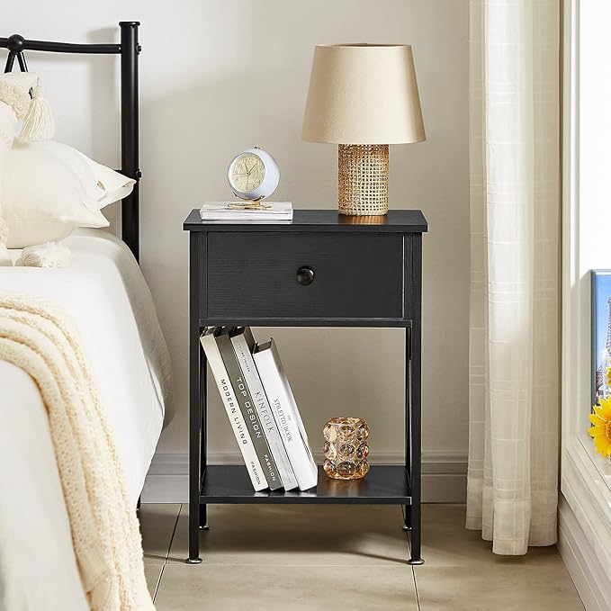 VECELO Nightstand,Modern Bedside End Table, Night Stand with Drawer and Storage Shelf for Living Room Bedroom, Industrial Metal Frame