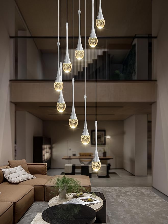 9-Lights H100'' Modern Chandelier 9-Lights Silver Foyer Entrance Chandeliers High Ceiling Chandelier LED Dimmable 2700-6000K Fixtures