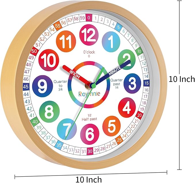 Learning Clock for Kids Telling Time Silent Non Ticking Battery Operated Colorful Teaching Time Clock Decorative for Kids Room Classroom School Playroom (10 Inch)