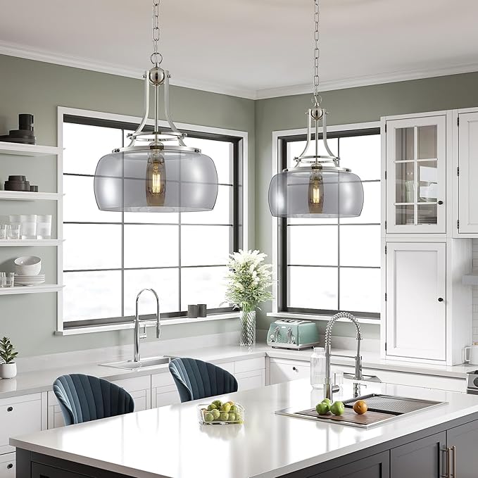 WUZUPS Nickel Chandelier Rustic Farmhouse Industrial Round Ceiling Pendant LED Light Fixture with Electroplated Gray Glass Shade for Dining Room Kitchen Island Foyer Entryway, H 17" W 13.4", E26 Base