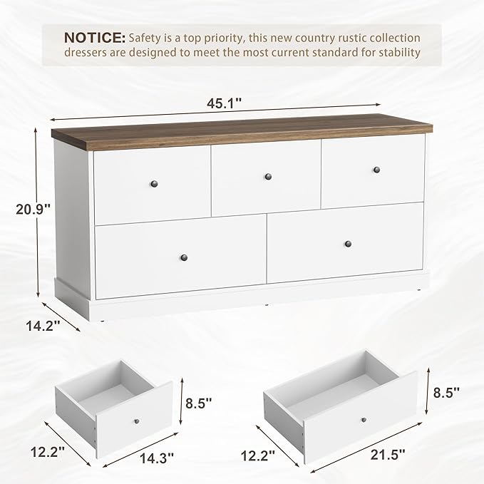 JUMMICO Dresser for Bedroom, Wide Chest of Drawers with 5 Wood Dresser Drawers, TV Stand, Modern Design for Bedroom, Living Room, Hallway, and Entryway (Light White)