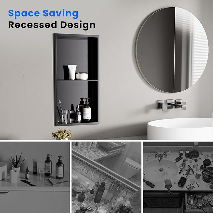 POPFLY 12"×24" Dark Grey Stainless Steel Shower Niche, Double Shelf Bathroom Insert Niche No Tile Ready Needed Recessed Two Tier Wall Niches for Shower