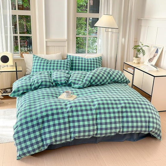 FACE TWO FACE Bedding Duvet Cover Set100% Washed Cotton Duvet Cover Linen Like Textured Breathable Durable Soft Comfy (California King, Blue Green Grid)