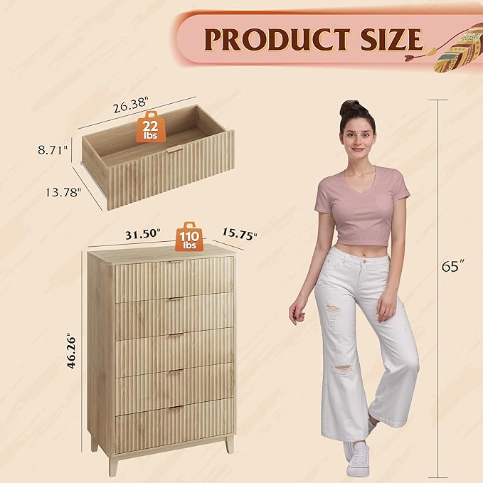 WLIVE Fluted Dresser for Bedroom with 5 Drawers, 46.26" Tall Wood Dresser with Golden Metal Handles, Mid Century Modern Chest of Drawers for Living Room, Hallway, Closet, Natural Oak