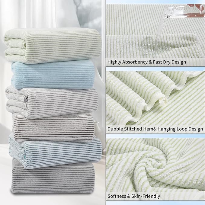 8-Piece Premium Towel Set for Bathroom|2 Oversized Large Bath Sheet,2 Hand Towels,4 Washcloths|Soft Cozy Highly Absorbent Fast Dry Microfiber Shower Towel Set for Hotel Bathroom Essentials,Green White