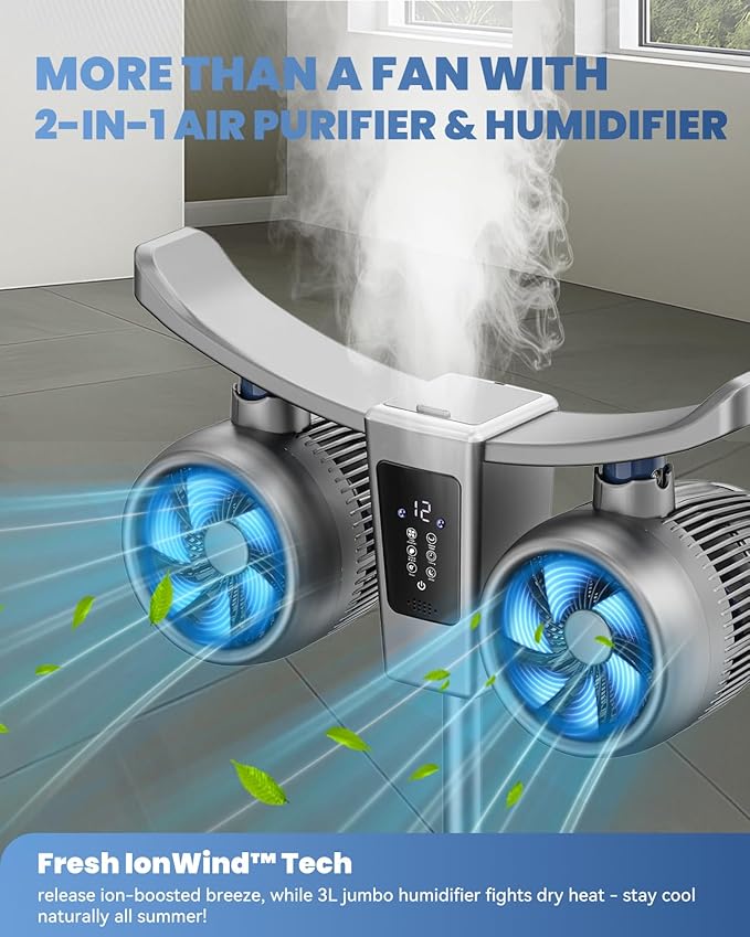 45" Oscillating Fan with Air Purifier & Humidifier | 5D 285° Air Circulator Misting Fan | 12-Speed Quiet DC Motor | Remote ＆ Panel Touch Control | 12H Timer | Adjustable Height, Floor/Tabletop Use