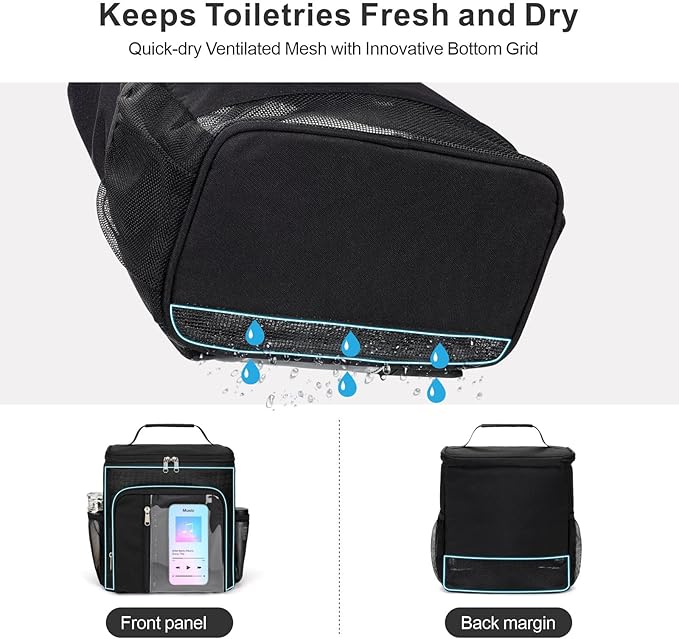 F-color Hanging Shower Caddy Portable - College Dorm Essentials for Guys with Hooks, Quick-Dry Shower Bag for Dorm Travel Gym Camping Essentials, Water-Resistant with Multiple Pockets, 2 Packs Black